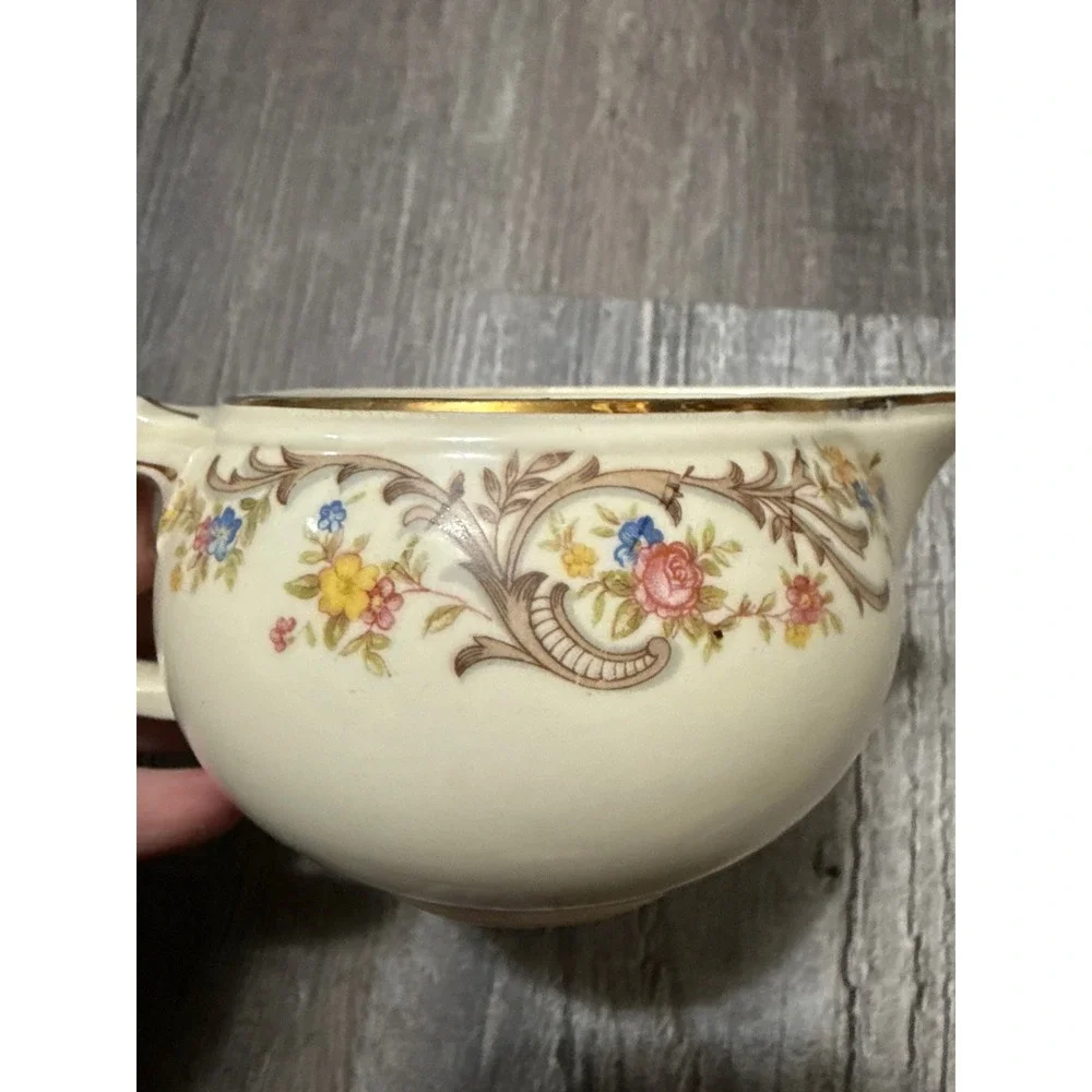 Vintage Taylor Smith Taylor 1631 Floral Creamer Pitcher Gold Trim USA Ceramic